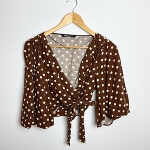 Zara Brown Polka Dot Wrap Cropped Top Flowy Arms - size S